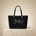 Juicy Couture Black Velour Tote Bag, Rhinestone Script Logo, Everyday Shopper