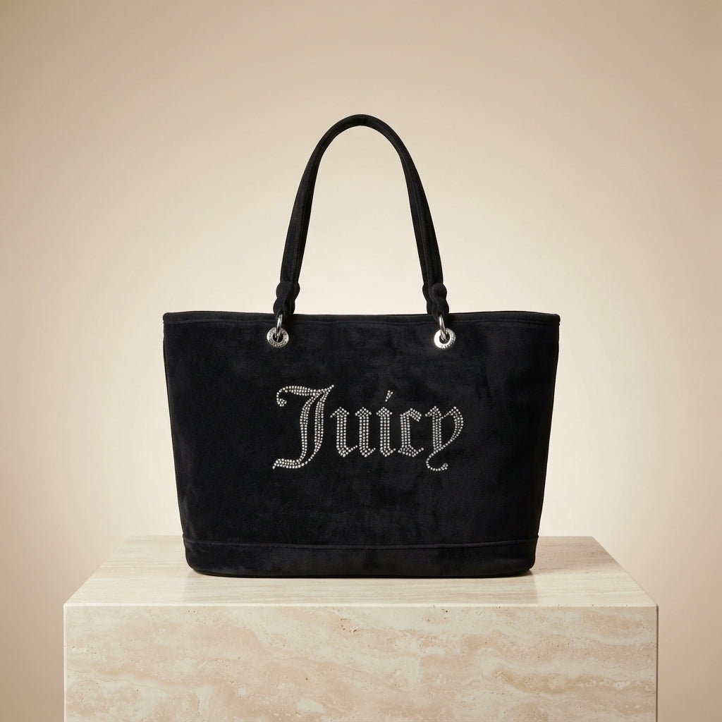 Juicy Couture Black Velour Tote Bag, Rhinestone Script Logo, Everyday Shopper
