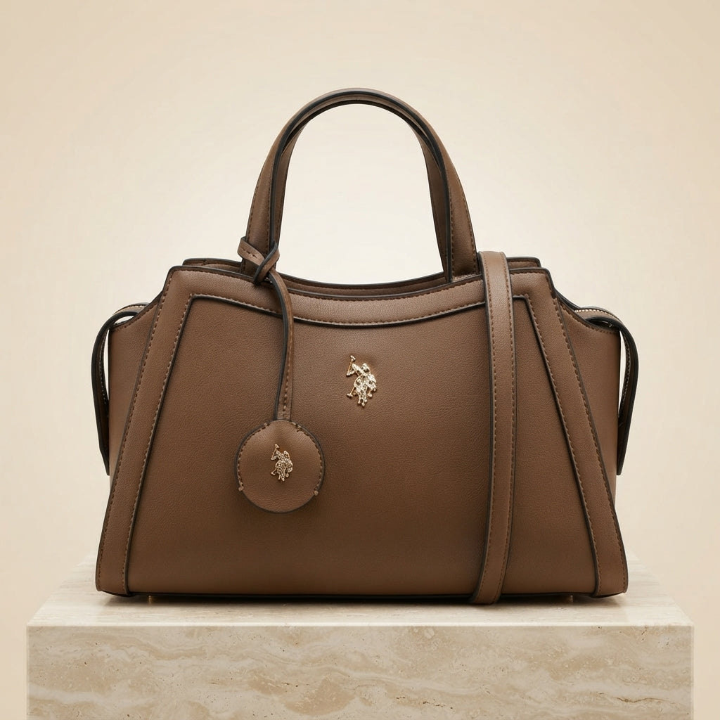 US Polo Assn Brown Tote Bag, Structured Shoulder Bag, Work Handbag, Chic