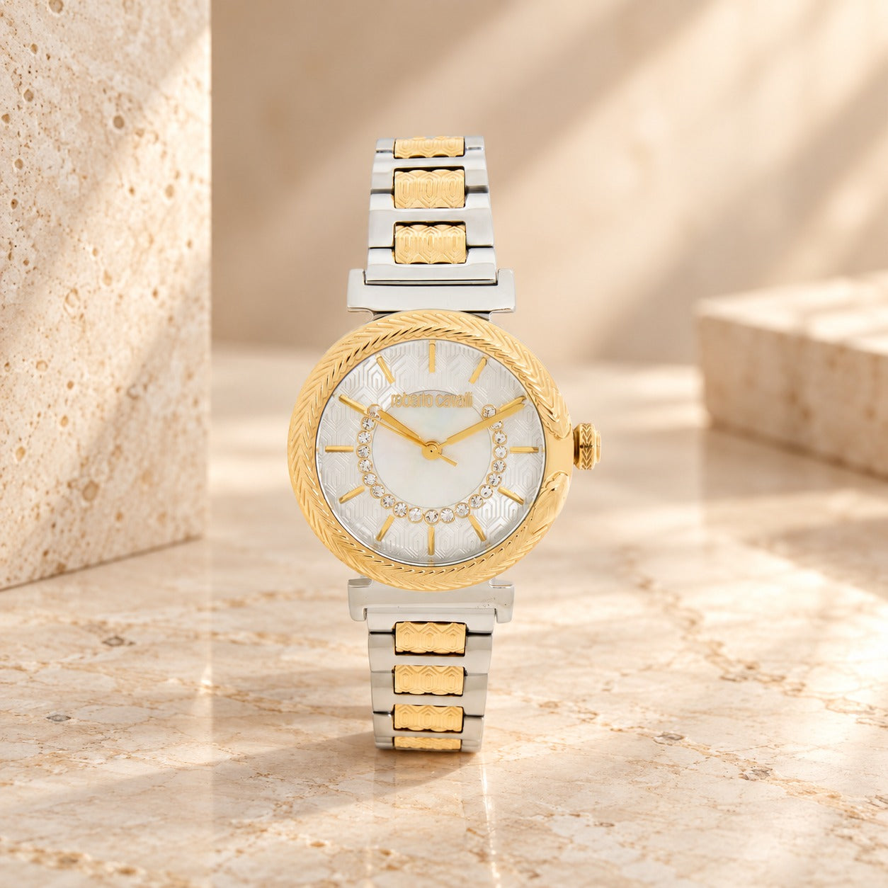 Roberto Cavalli Two Tone Watch, Snake Eclira Crystal Dial