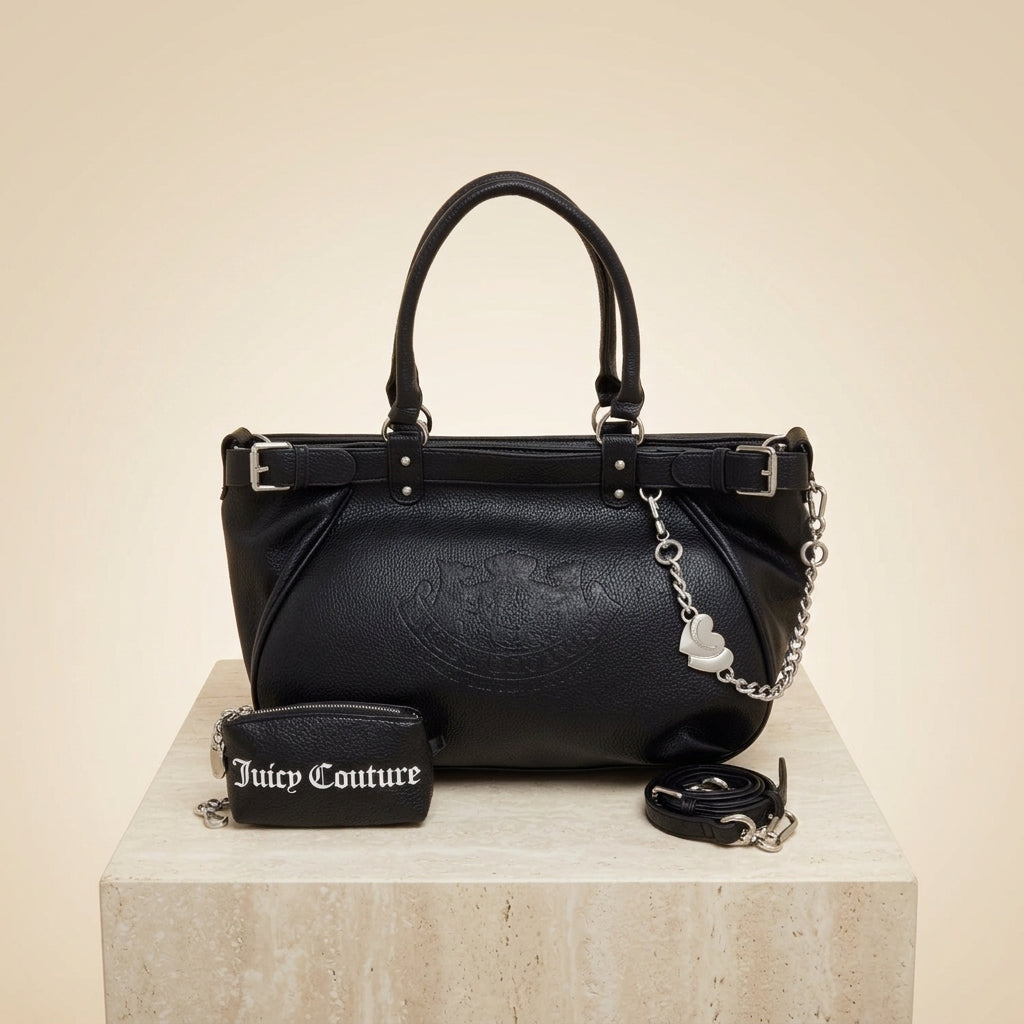Juicy Couture Black Tote Bag, Satchel, Pebbled Texture, Silver Hardware