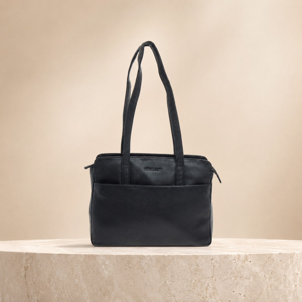 Rowallan Black Leather Handbag, Everyday Shoulder Bag, Work Tote, Minimalist