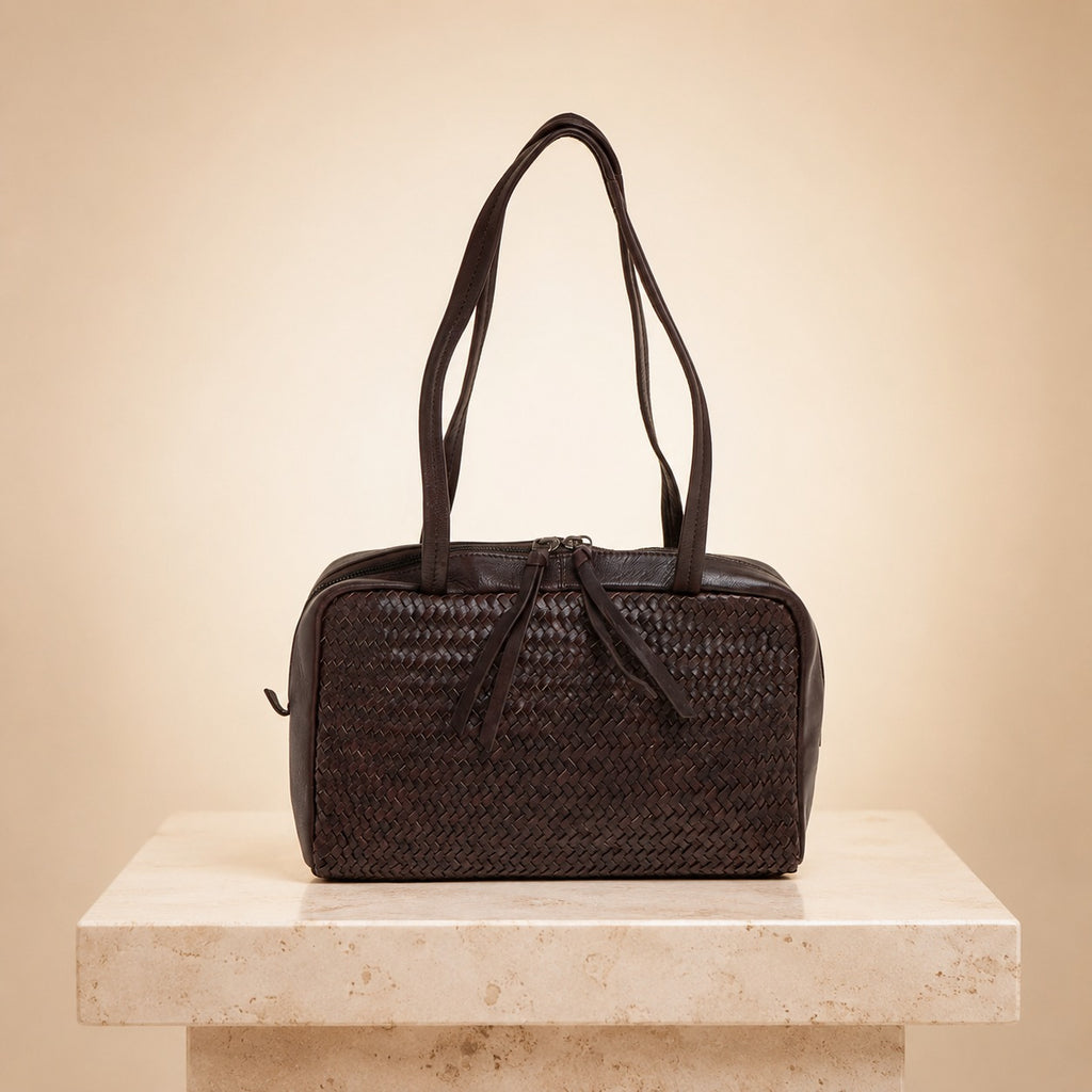 Rehard Dark Brown Woven Leather Bowling Bag, Top Zip Shoulder Handbag Gift