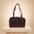 Rehard Dark Brown Woven Leather Bowling Bag, Top Zip Shoulder Handbag Gift