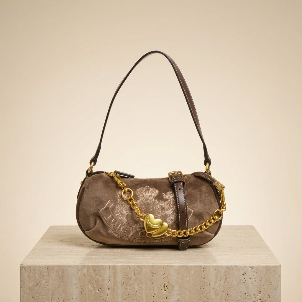 Juicy Couture Brown Bag, Velour Shoulder Bag, Gold Heart Charm