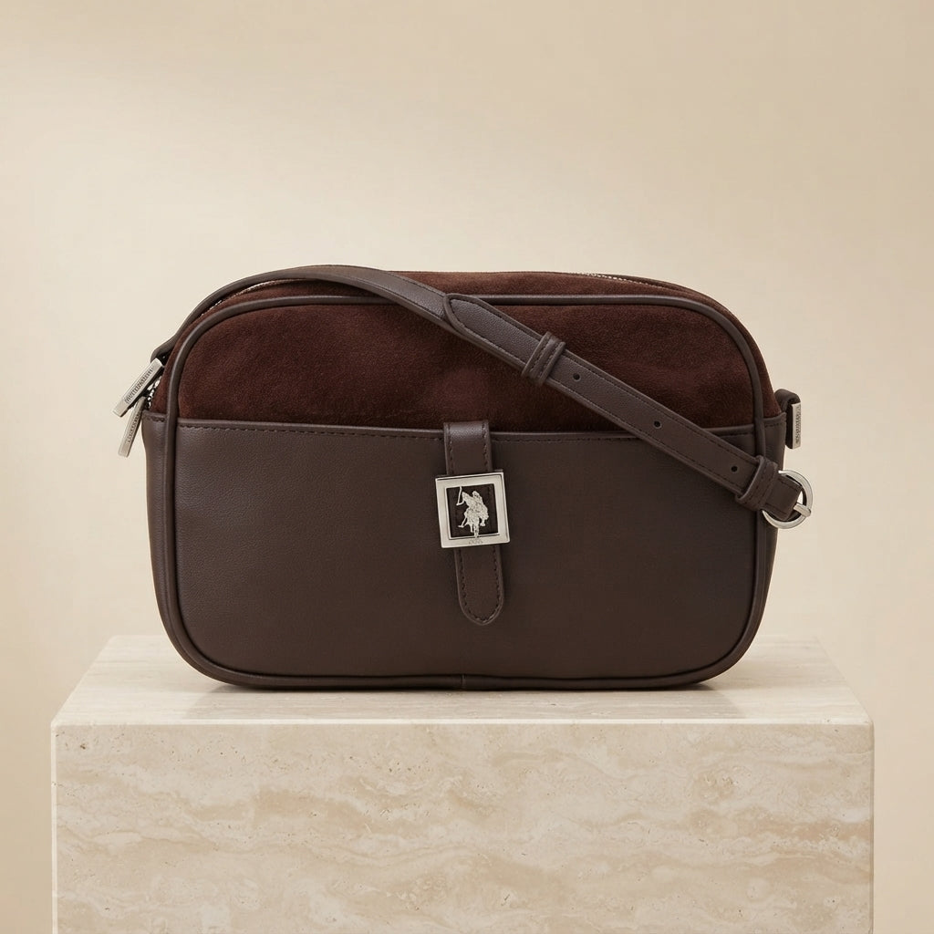 US Polo Assn Brown Crossbody Bag, Suede Leather, Everyday Shoulder Handbag