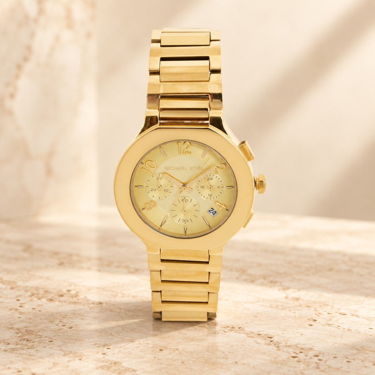 Michael Kors Gold Chronograph Watch, Luxury Womens Gift, Polished Link Bracelet