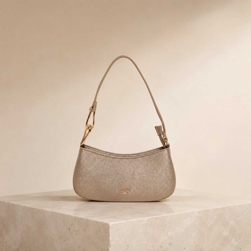 Dune London Beige Glitter Shoulder Bag, Metallic Crescent Hobo, Party Evening Bag