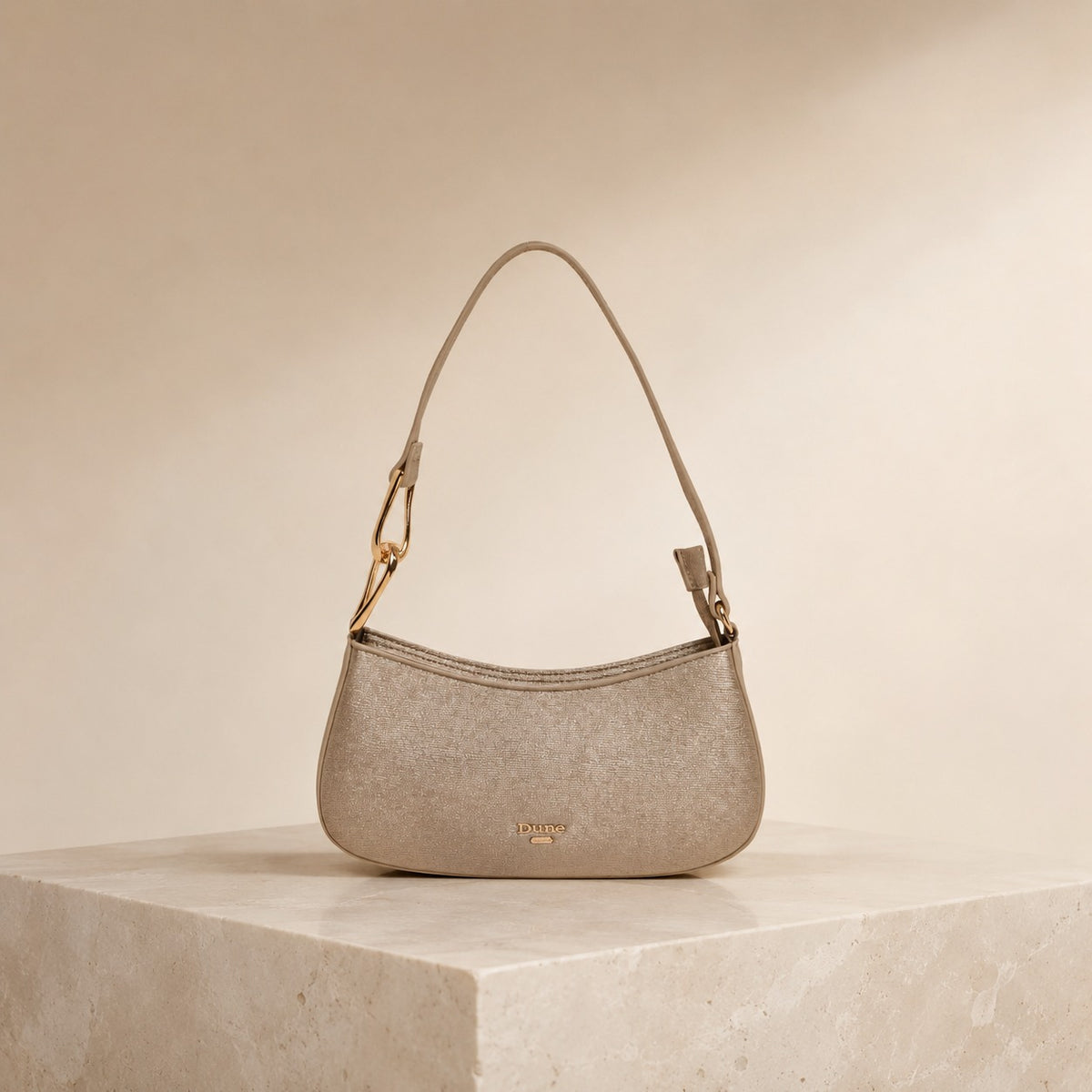 Dune London Beige Glitter Shoulder Bag, Metallic Crescent Hobo, Party Evening Bag