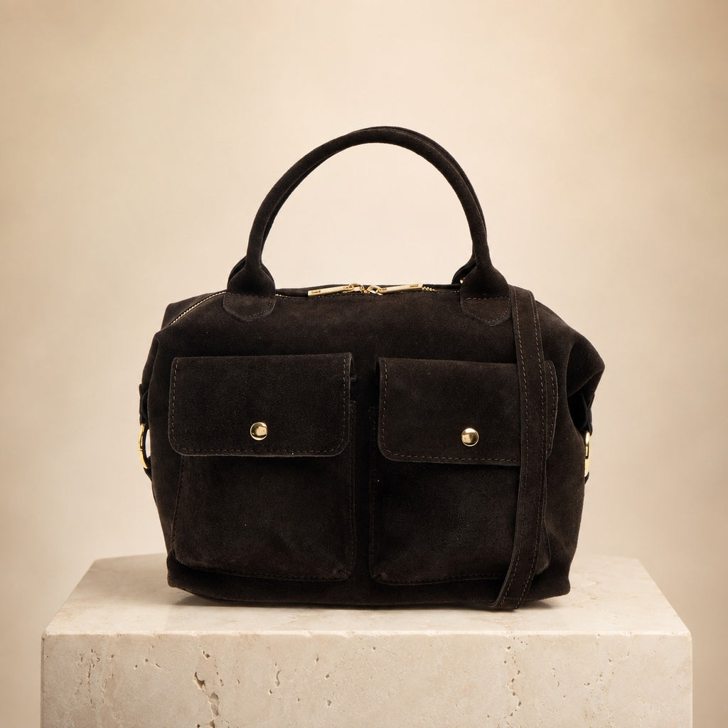 Marlon Brown Suede Satchel Bag, Two Pocket Crossbody, Gold Hardware