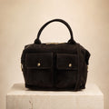 Marlon Brown Suede Satchel Bag, Two Pocket Crossbody, Gold Hardware