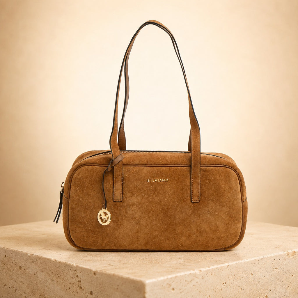 Silviano Tan Brown Suede Shoulder Bag, Gold Hardware, Everyday Tote, Gift for Her