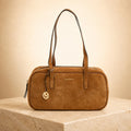 Silviano Tan Brown Suede Shoulder Bag, Gold Hardware, Everyday Tote, Gift for Her