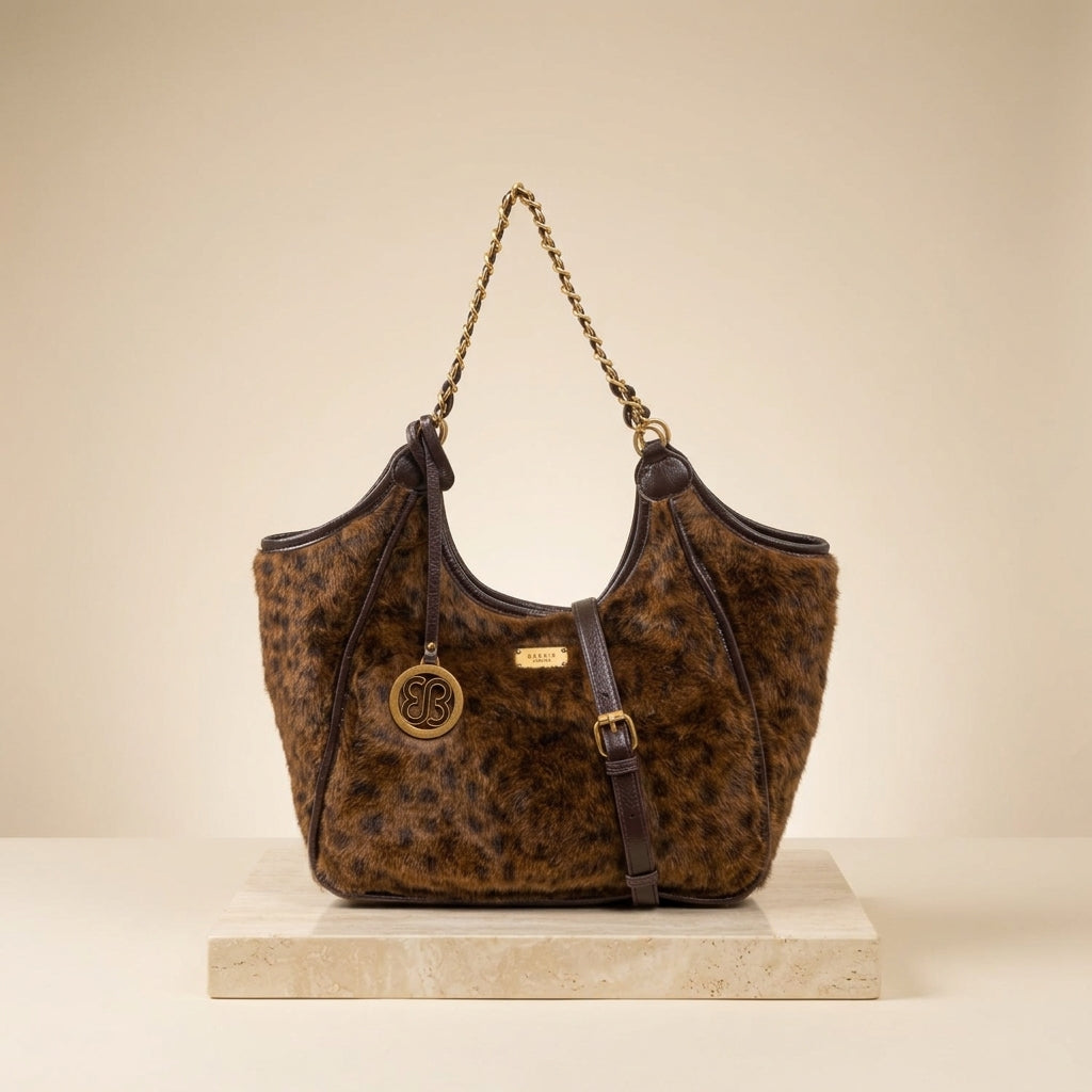 Bessie London Brown Leopard Hobo Bag, Faux Fur Tote, Gold Chain, Everyday Purse