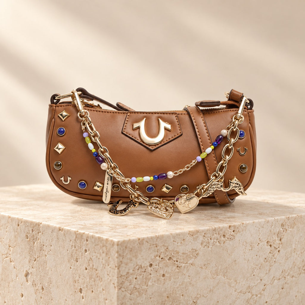 True Religion Brown Shoulder Bag, Designer Y2K Aesthetic, Charm Chain Retro