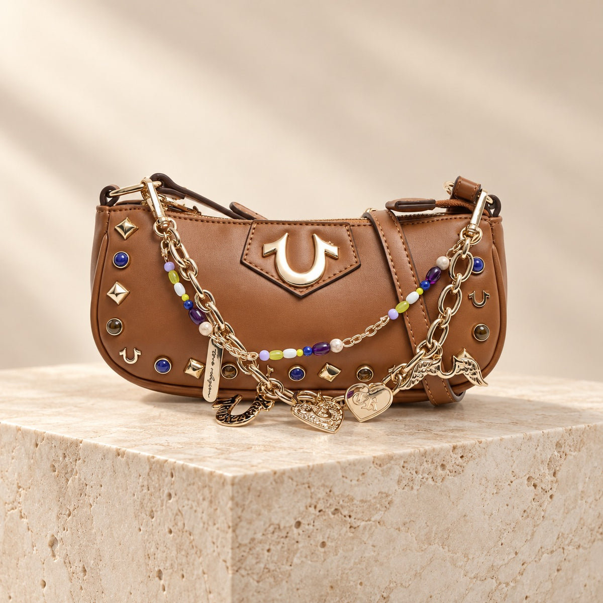 True Religion Brown Shoulder Bag, Designer Y2K Aesthetic, Charm Chain Retro