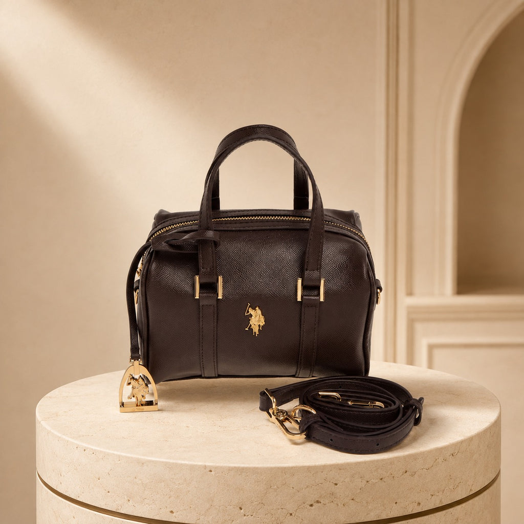 US Polo Assn Brown Jones Bowling Bag, Dark Equestrian Handbag, Gold Hardware