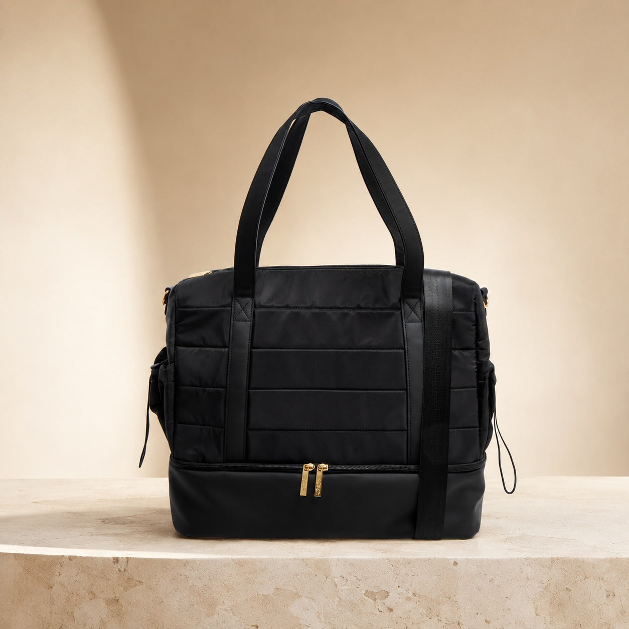 French Connection Black Weekender Bag, Quilted Padded Tote, Gym Travel Luggage