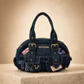 True Religion Blue Denim Shoulder Bag, Multi Patch Design, Everyday Denim Purse