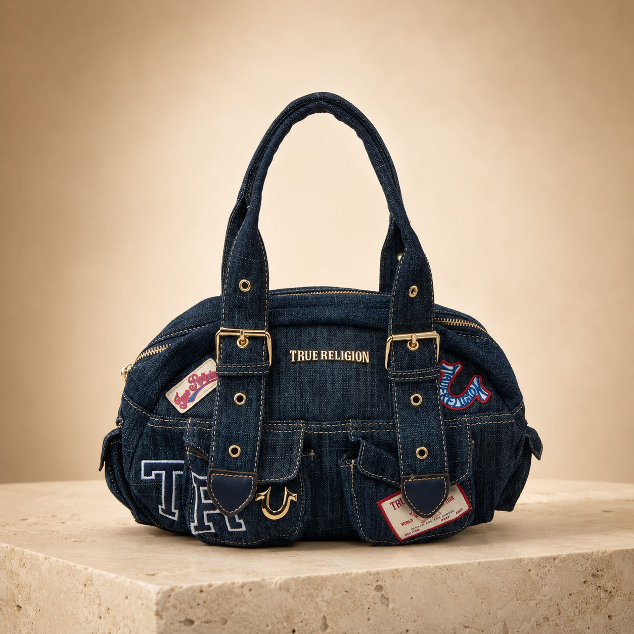 True Religion Blue Denim Shoulder Bag, Multi Patch Design, Everyday Denim Purse