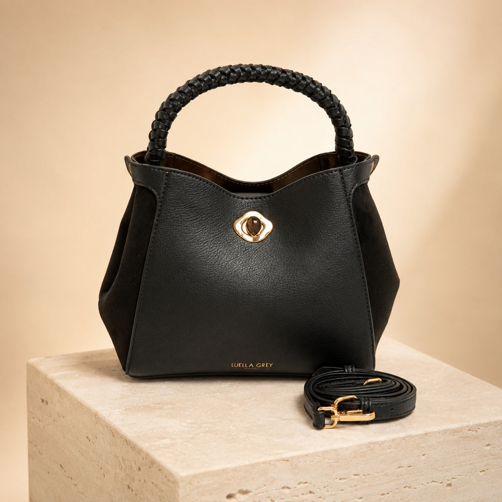 Luella Grey Black Bucket Bag, Gold Hardware, Everyday Work Handbag, Chic Gift