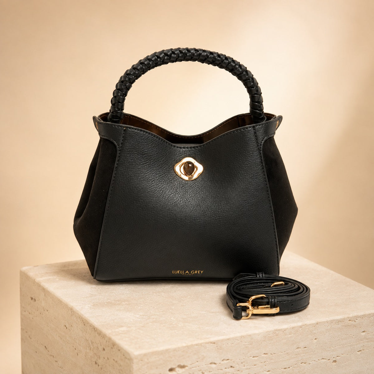 Luella Grey Black Bucket Bag, Gold Hardware, Everyday Work Handbag, Chic Gift
