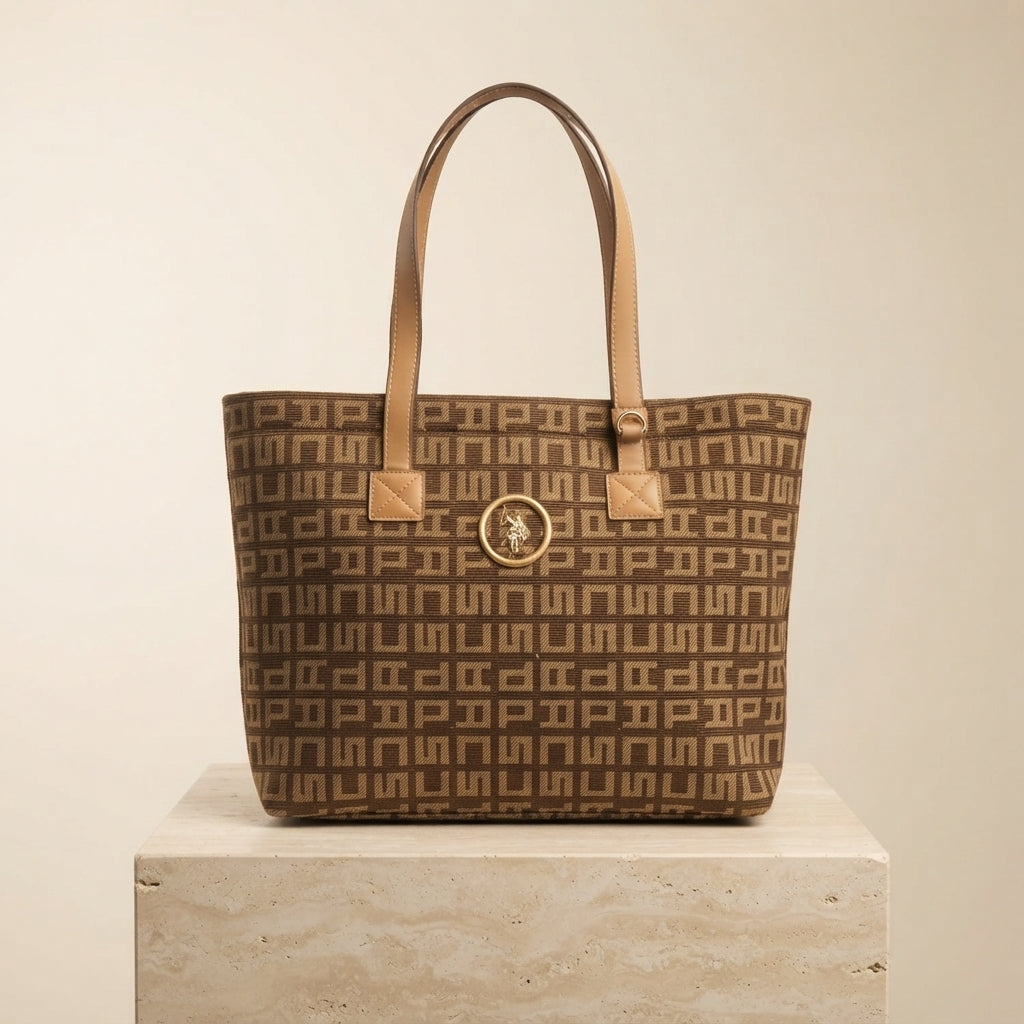 US Polo Assn Brown Jacquard Shopping Bag, Geometric Monogram Tote
