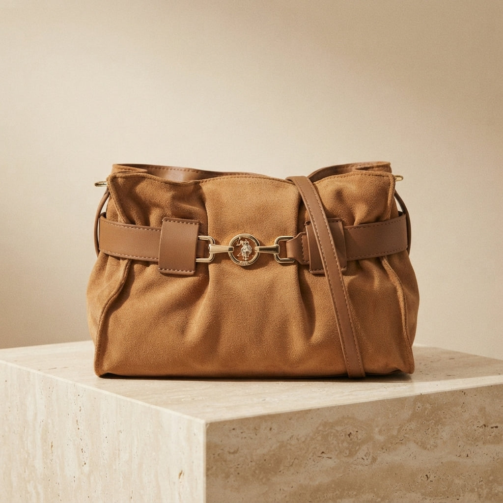 US Polo Assn Tan Suede Bag, Shoulder Handbag, Gold Hardware, Everyday Gift