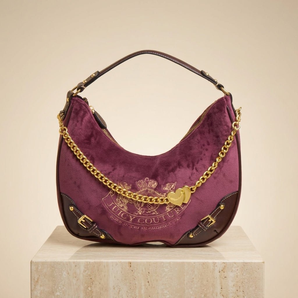 Juicy Couture Burgundy Hobo Bag, Velour Shoulder Bag, Gold Chain