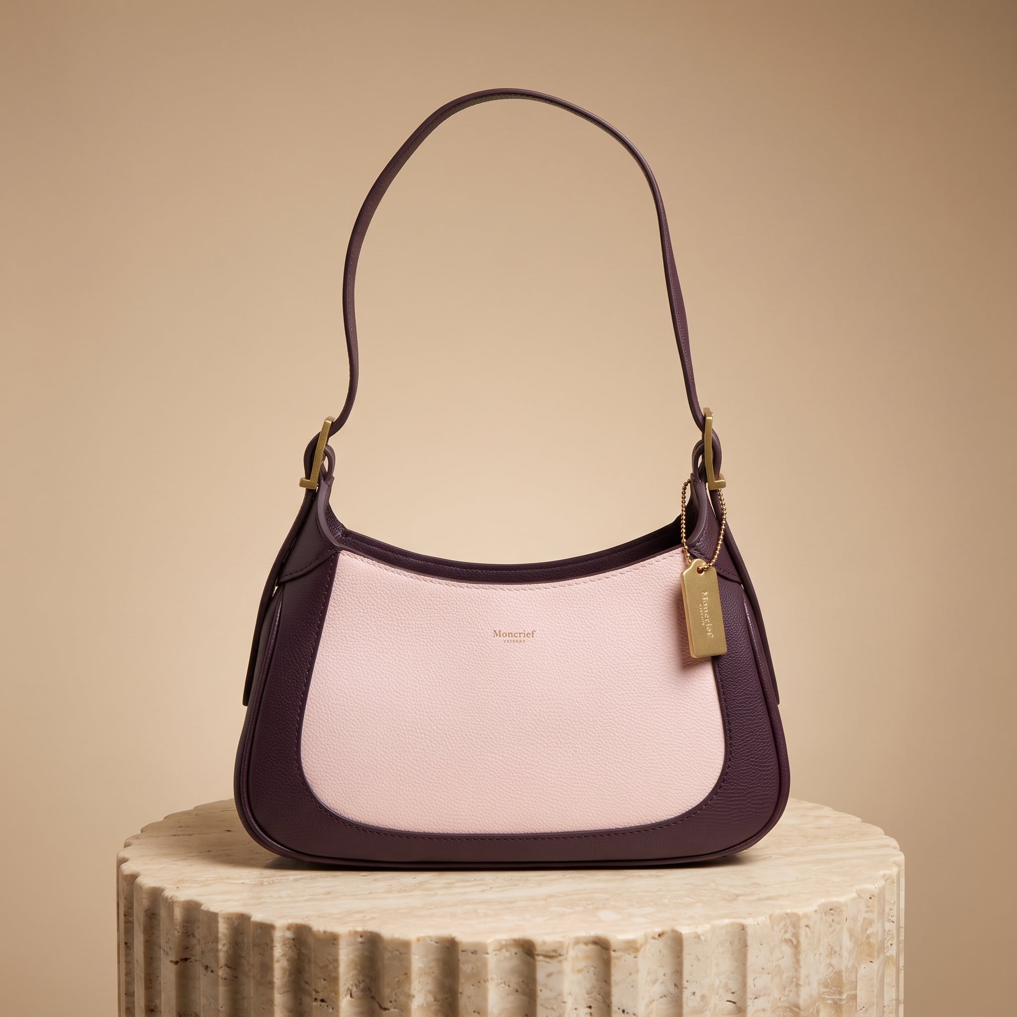 Moncrief Pink Plum Sarah Shoulder Bag, Leather Hobo, Gold Tag Charm