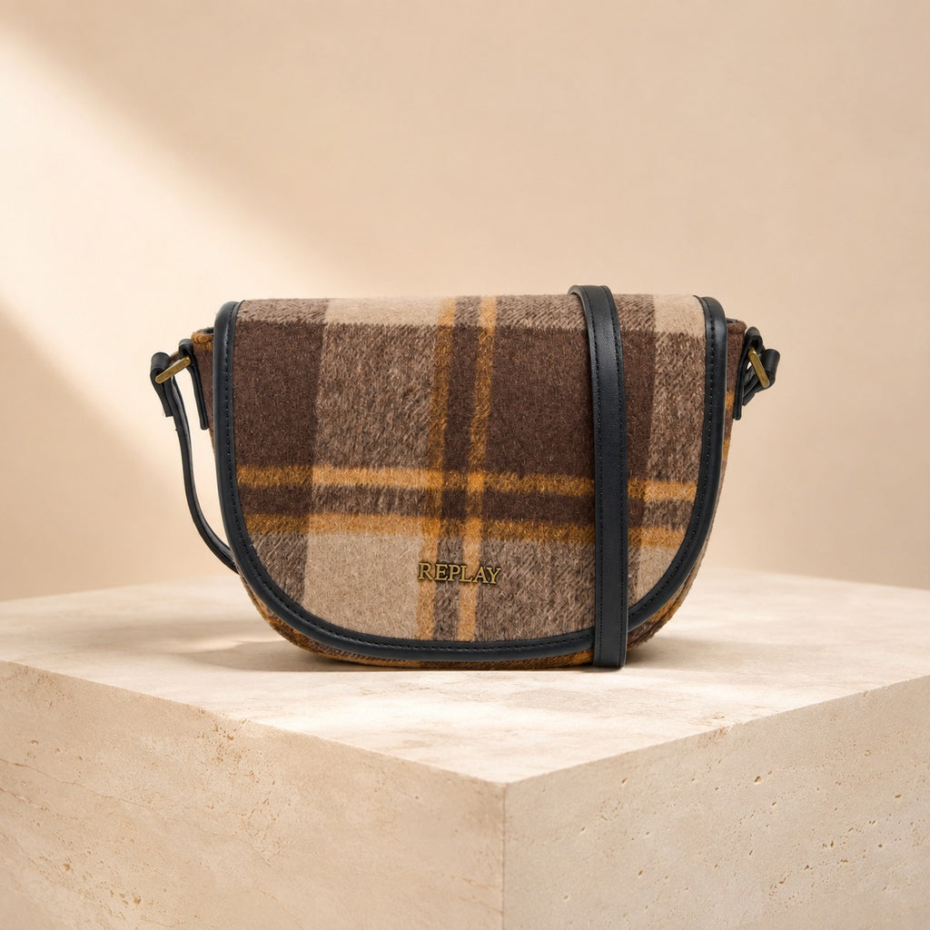 Replay Brown Plaid Crossbody Bag, Checked Saddle Bag, Fall Aesthetic