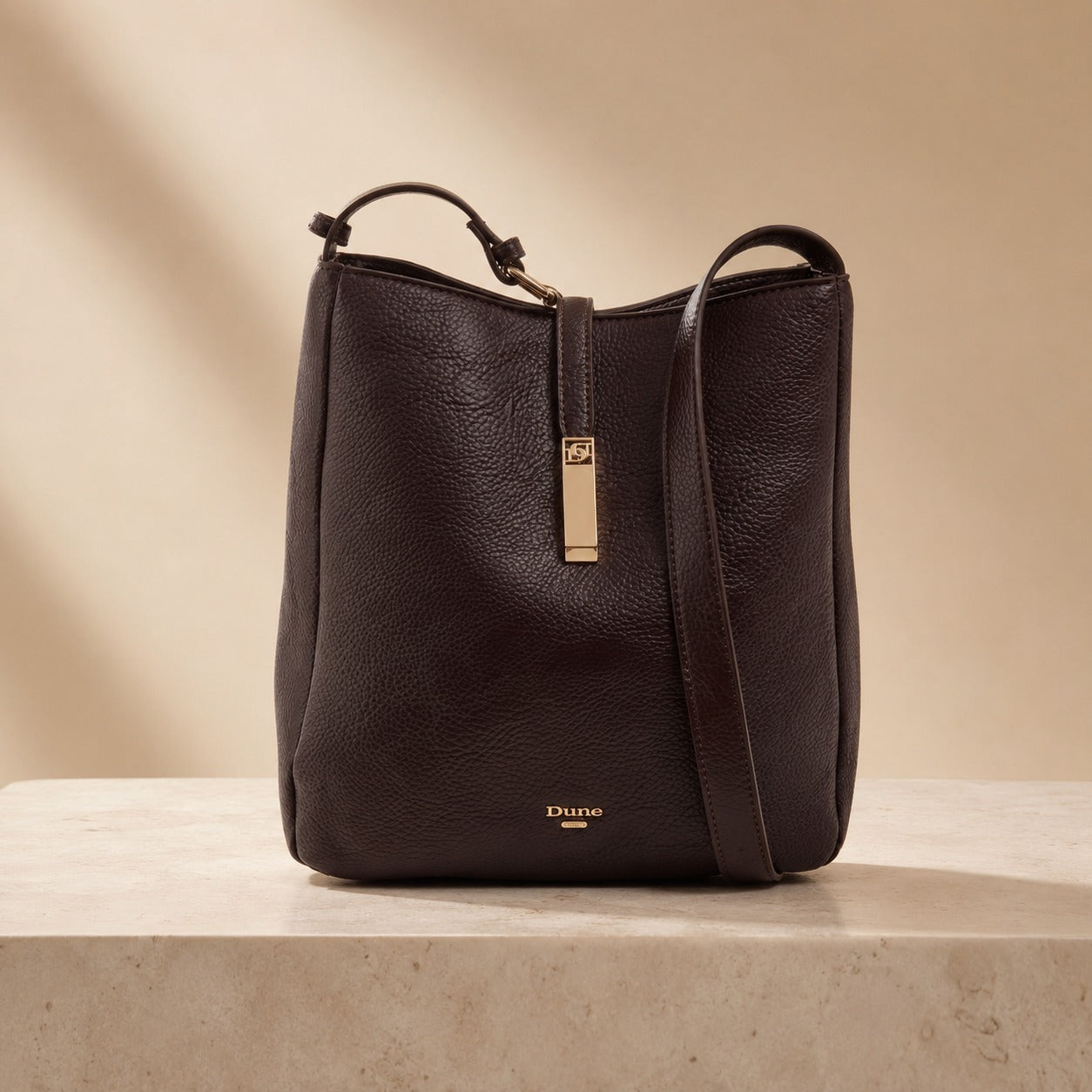 Dune London Brown Shoulder Bag, Grained Leather, Gold Hardware, Work, Everyday