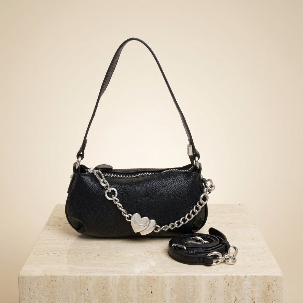 Juicy Couture Black Baguette Bag, Silver Heart Charm, Shoulder Handbag