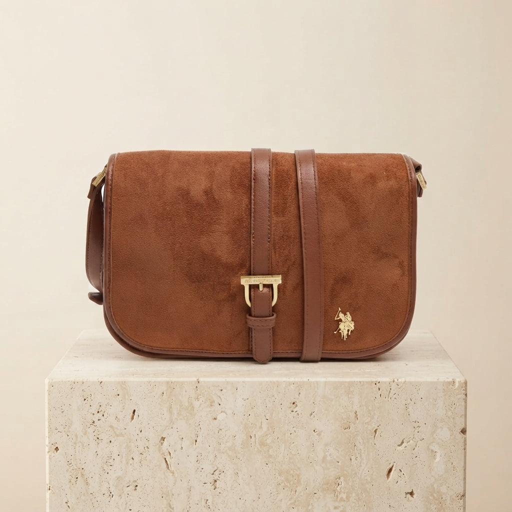 US Polo Assn Tan Suede Crossbody Bag, Nantucket Flap, Equestrian Chic