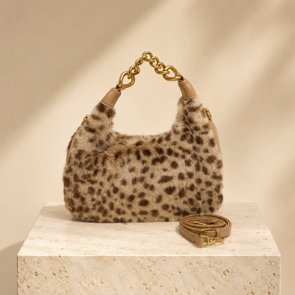 Bessie London Leopard Faux Fur Bag, Tan Brown Shoulder Bag, Chic Winter Purse