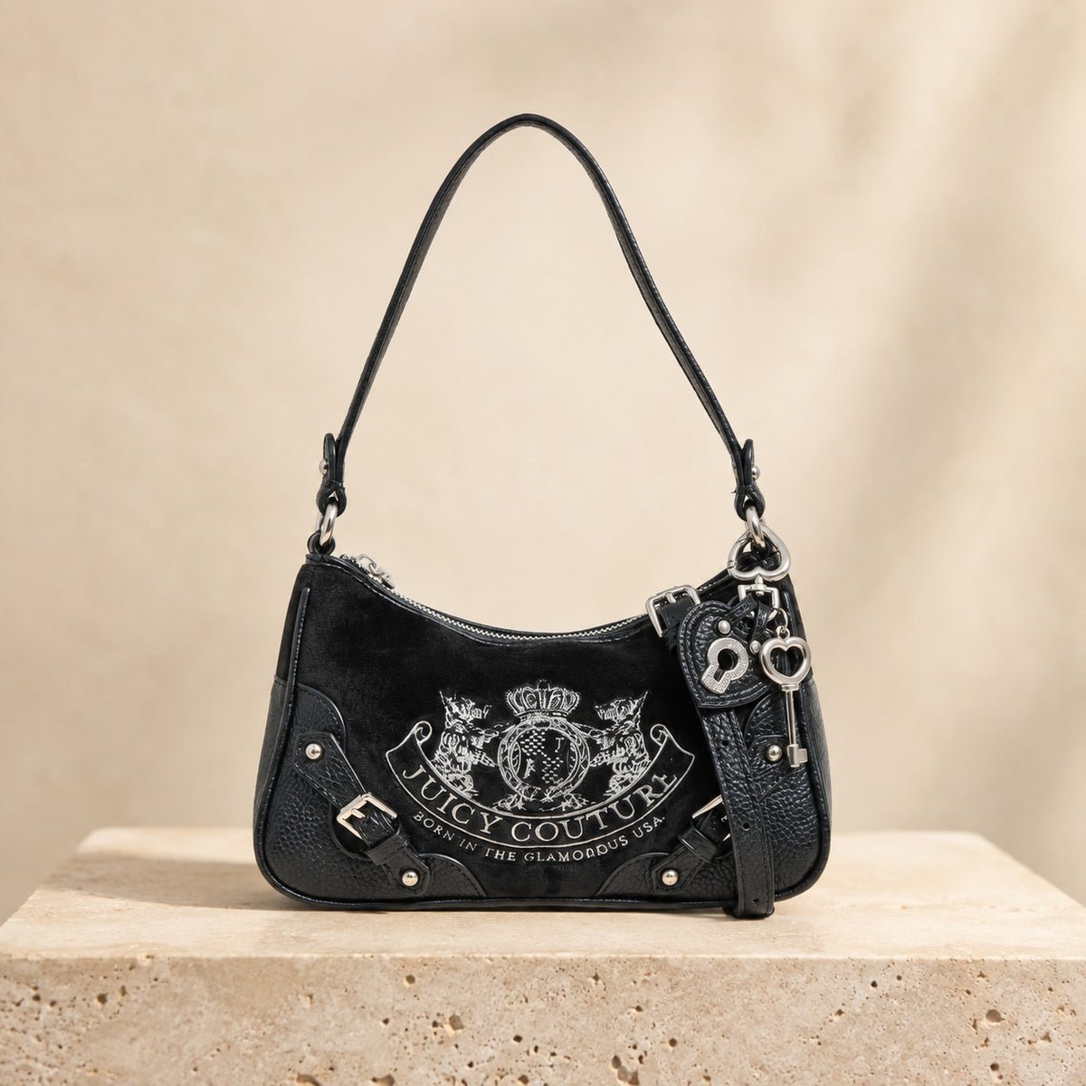 Juicy Couture Black Shoulder Bag, Crest Emblem, Silver Hardware, Aesthetic