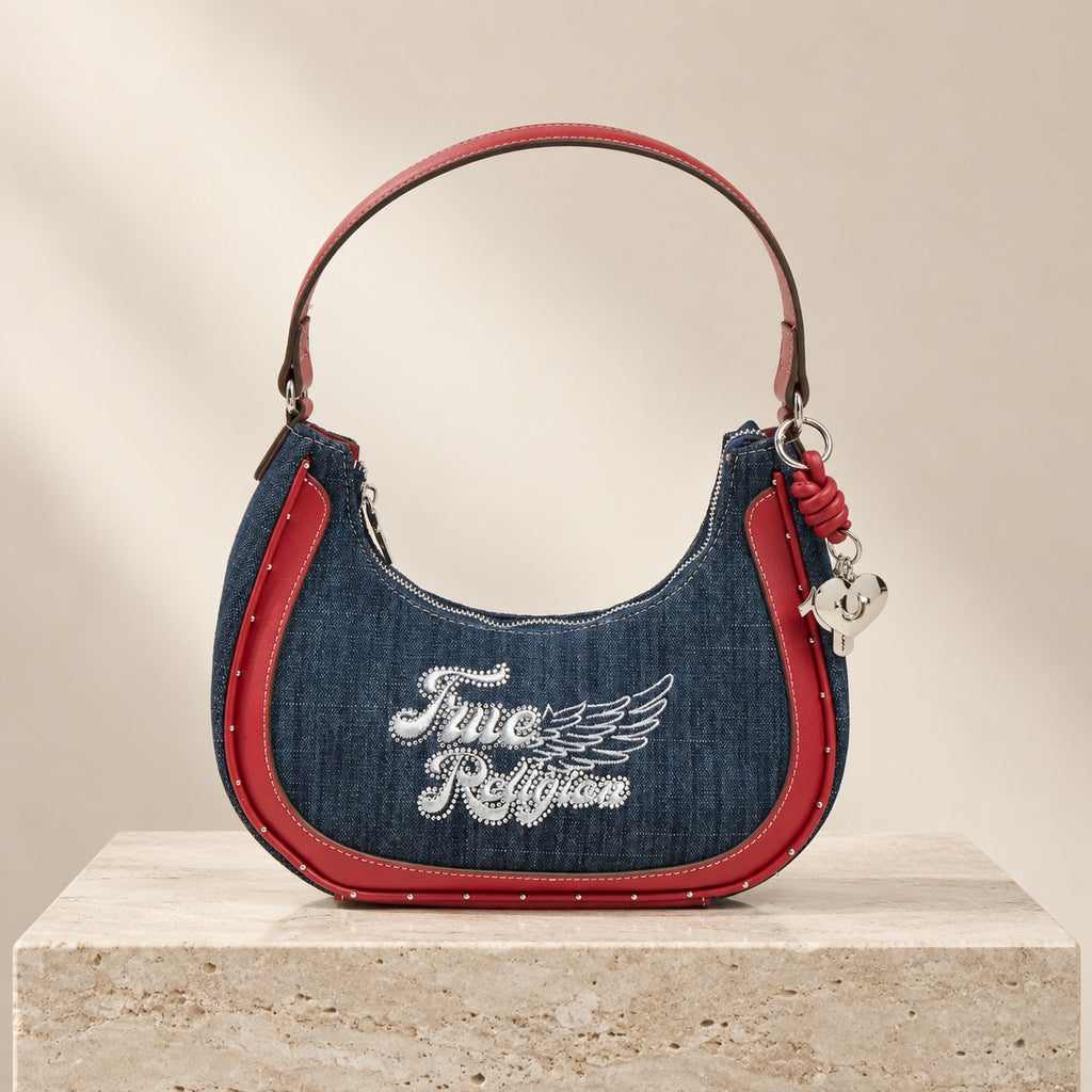 True Religion Blue Denim Hobo Bag, Red Leather Trim, Rhinestone Wing Charm