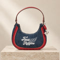 True Religion Blue Denim Hobo Bag, Red Leather Trim, Rhinestone Wing Charm