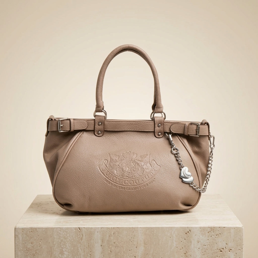 Juicy Couture Taupe Satchel Bag, Pebbled Leather Tote, Everyday Work Purse