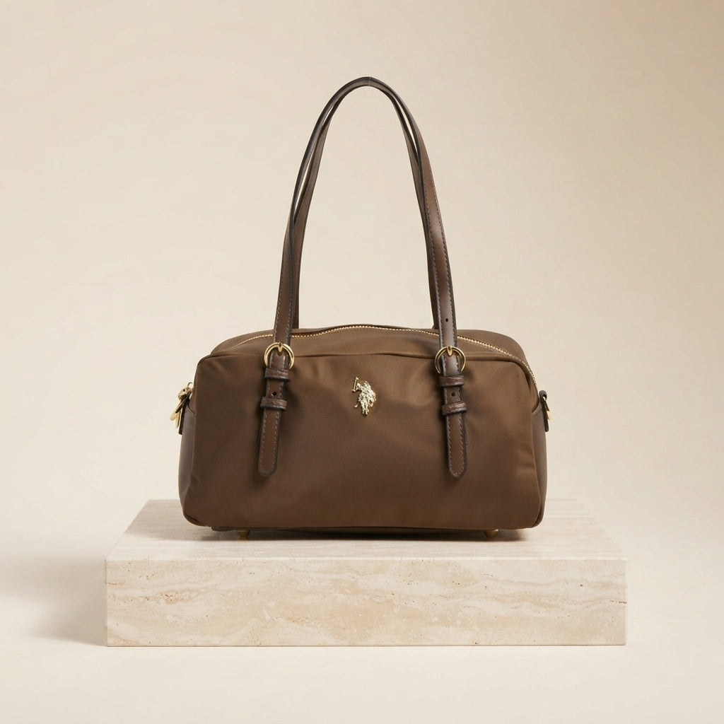 US Polo Assn Brown Satchel Bag, Nylon Shoulder Bag, Gold Hardware, Preppy