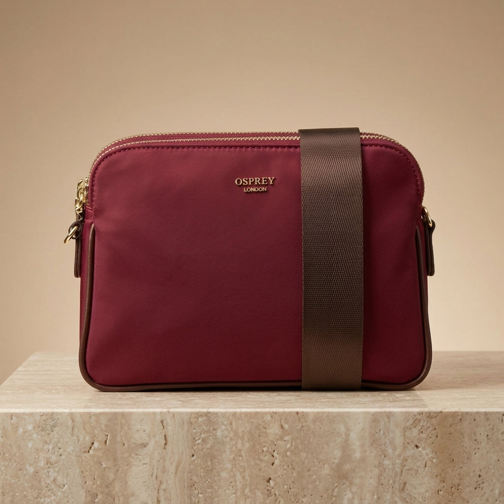 Osprey London Burgundy Nomad Bag, Nylon Crossbody, Gold Hardware