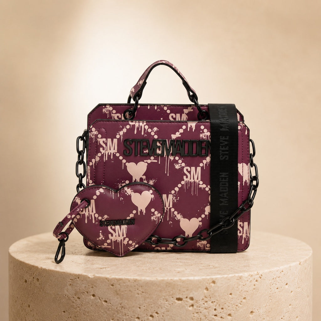 Steve Madden Purple Crossbody Bag, Dripping Heart Logo, Top Handle, Cute Gift