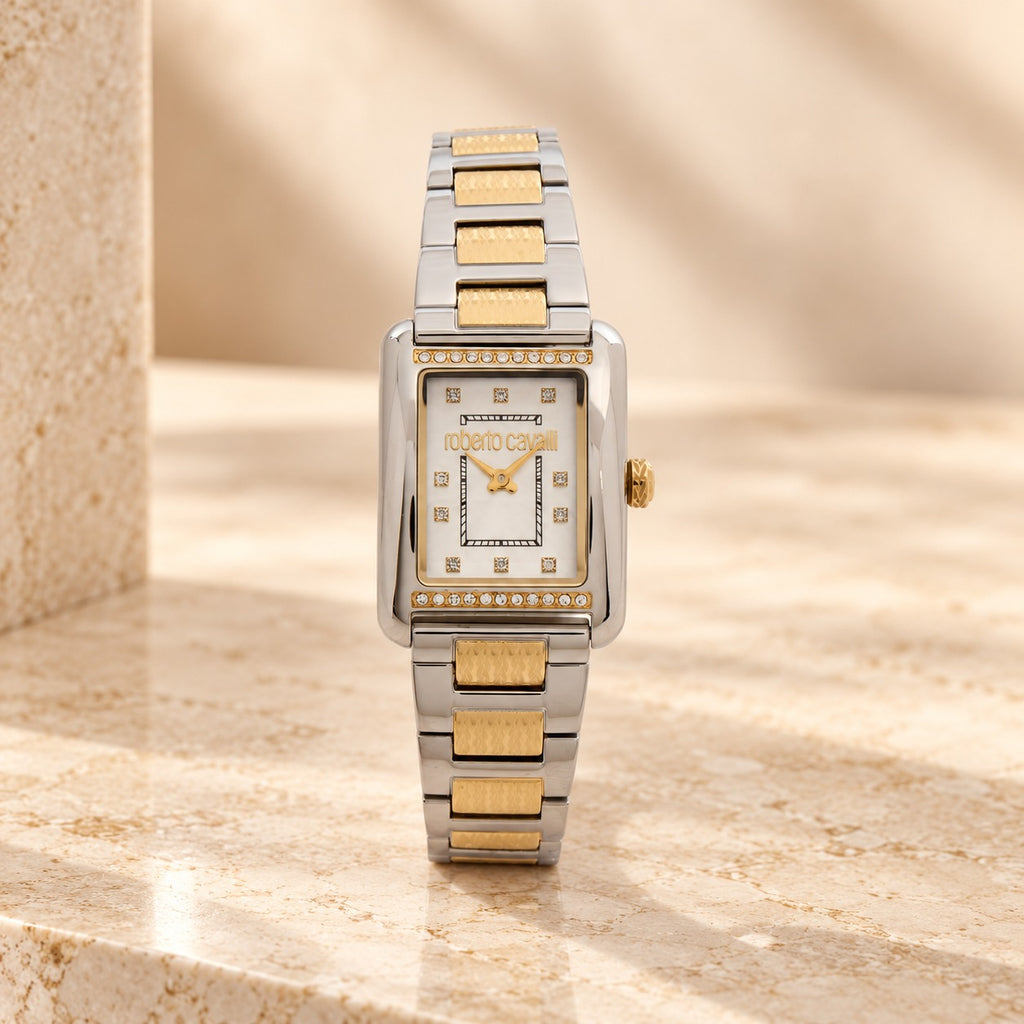 Roberto Cavalli Silver & Gold Watch, Two Tone Rectangular Crystal Gift for Her