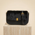 Bessie London Black Faux Fur Crossbody Bag, Flap Bag, Gold Hardware, Chic