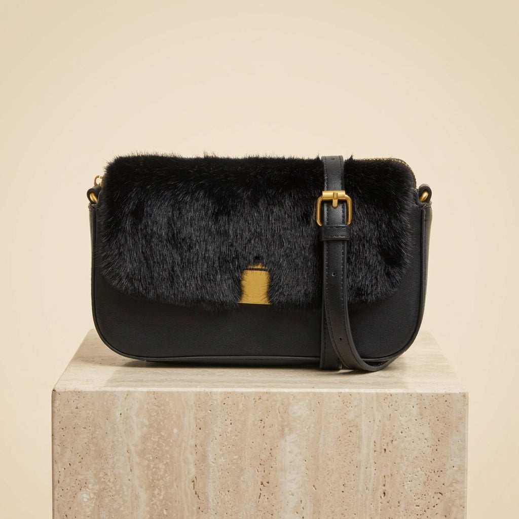 Bessie London Black Faux Fur Crossbody Bag, Flap Bag, Gold Hardware, Chic