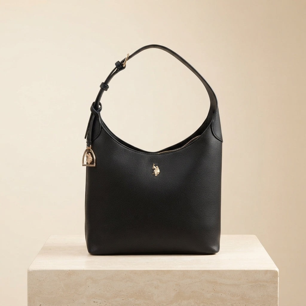 US Polo Assn Black Hobo Bag, Minimalist Shoulder Bag, Gold Accent