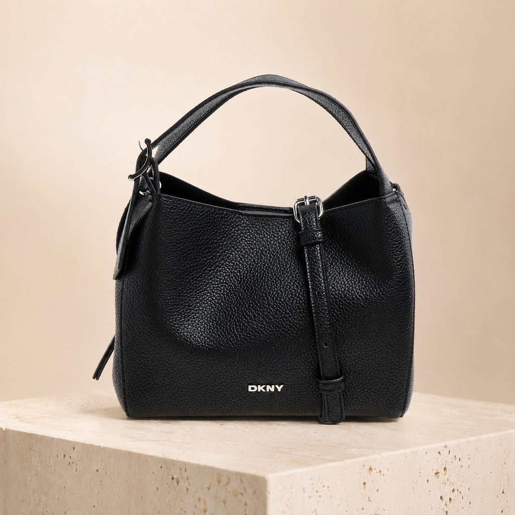 DKNY Black Crossbody Bag, Pebbled Faux Leather Hobo, Minimalist Everyday Purse