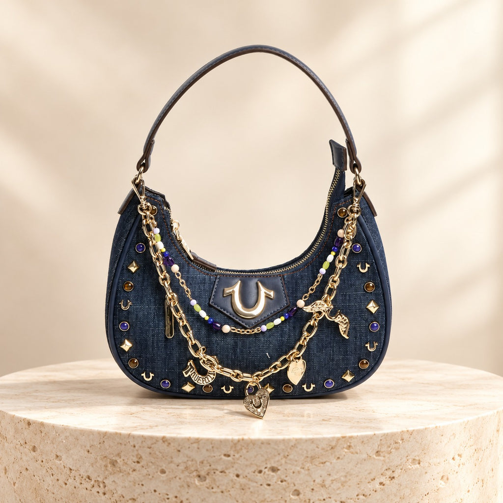 True Religion Blue Denim Shoulder Bag, Studded Hobo Purse, Gold Logo Aesthetic