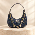 True Religion Blue Denim Shoulder Bag, Studded Hobo Purse, Gold Logo Aesthetic
