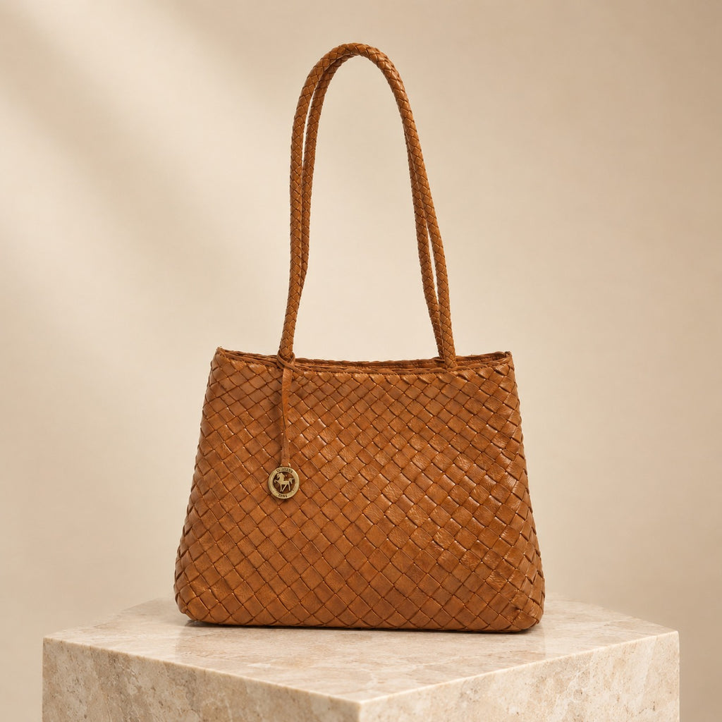 Silviano Brown Woven Shoulder Bag, Leather Intrecciato Tote, Everyday Handbag